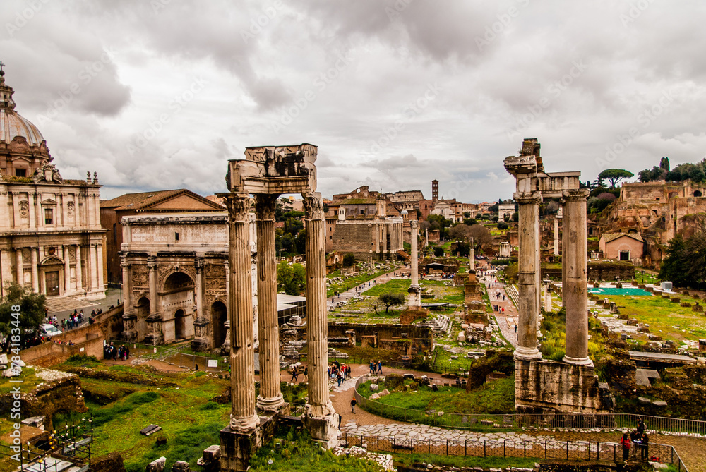 Roma, Italy - May 2 2013: The roman forum filled with temple ruins and columns