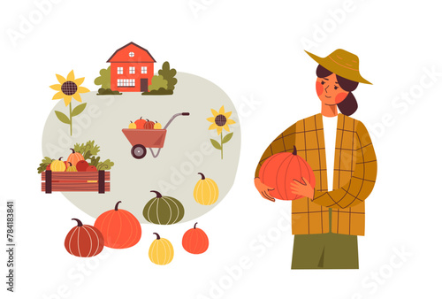 A female farmer harvests in her garden. The concept of the autumn harvest. Organic farm products. Eat local. Farmers market concept. Hand drawn vector  cartoon flat set.