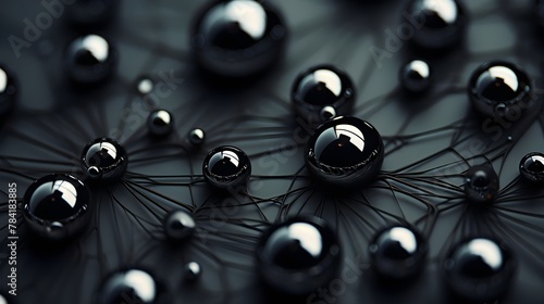 Abstract Black Spheres Connected Thin Wires Reflective Surface Artistic Macro Photography