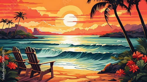 Tropical Sunset Beach Adirondack Chairs Ocean Waves Palms photo