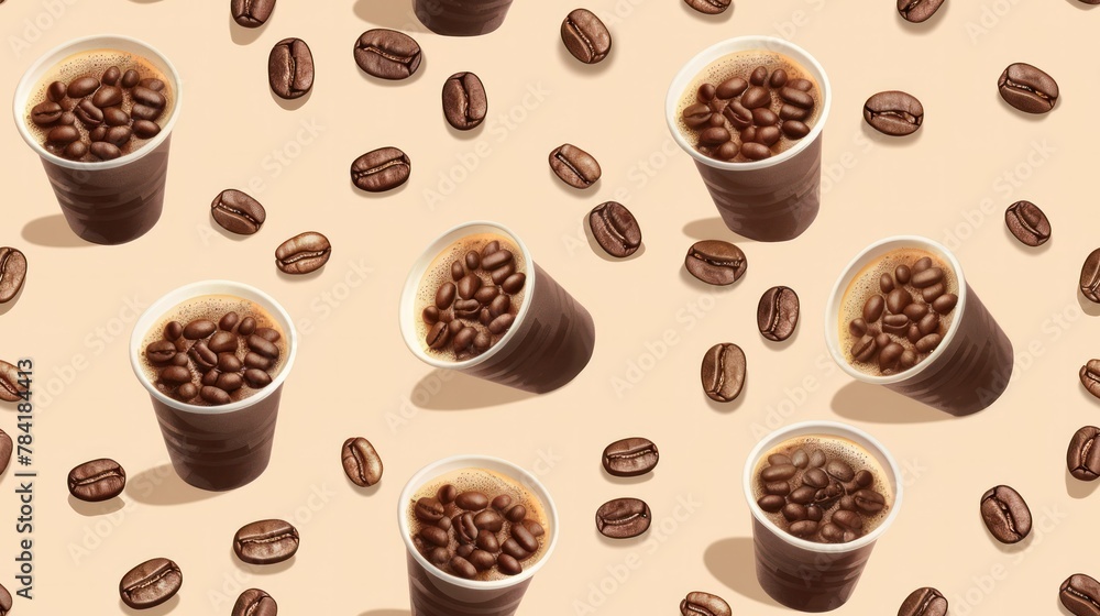 Obraz premium Seamless pattern with coffee beans and cups. tile