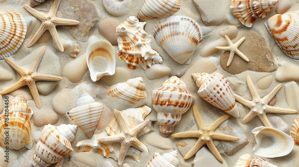 Seashells and Starfish Pattern on Sandy Beach Tile Seashells and Starfish Pattern on Sandy Beach Tile