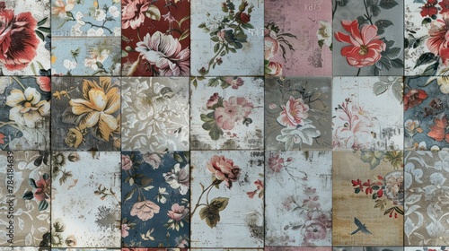 vintage floral background, patchwork, ager wallpaper pattern tile photo