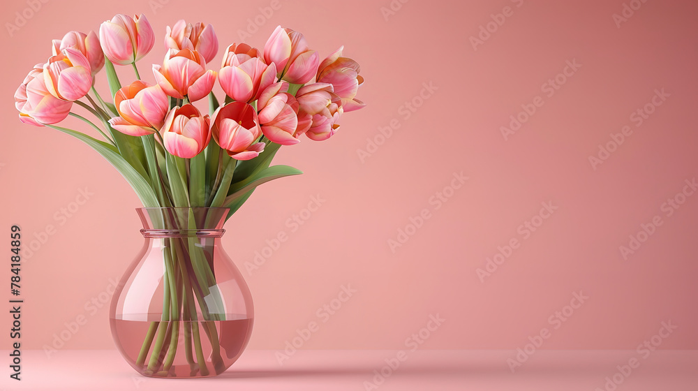 Amazing A glass vase with bouquet of pink beautiful fresh flowers