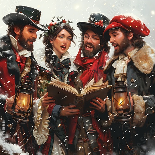 clipart of a festive group of Christmas carolers dressed in Victorian clothing, gathered around with songbooks and lanterns, singing merry tunes together against a clean white background photo