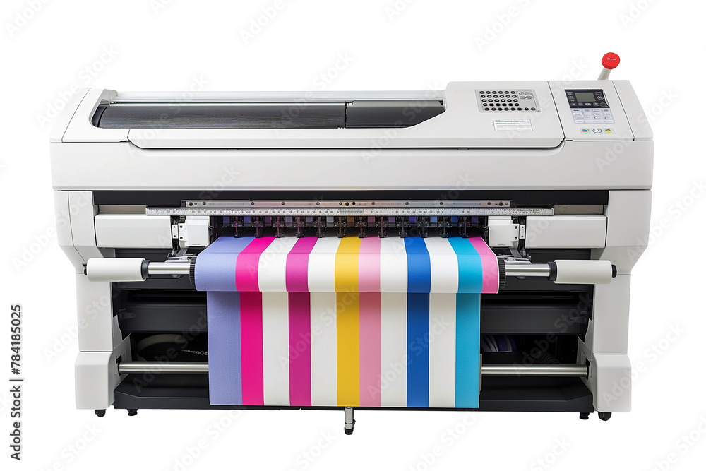 Modern large format printer machine with colour samples isolated on transparent background. Modern large format printer machine with colour samples isolated on transparent background.