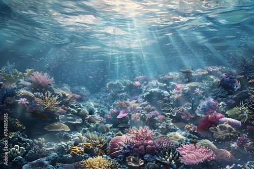 A colorful coral reef with many different types of fish swimming around. The sunlight is shining down on the reef, creating a beautiful and peaceful atmosphere