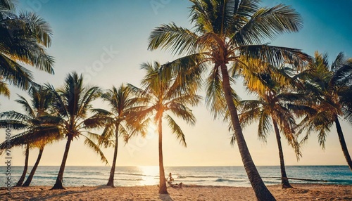 Summer beach background palm trees against blue sky banner panorama, travel destination. Tropical beach background with palm trees silhouette at sunset. Vintage effect. Meditation peaceful nature view © Beste stock
