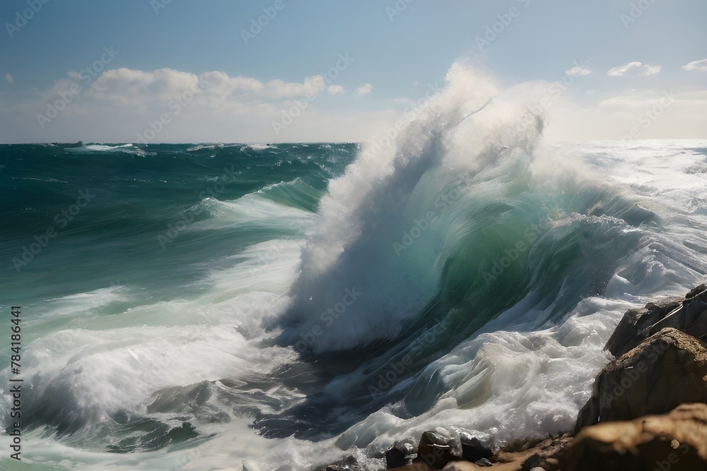 Ocean waves crashing on a sunny day in nature outdoor Generative AI