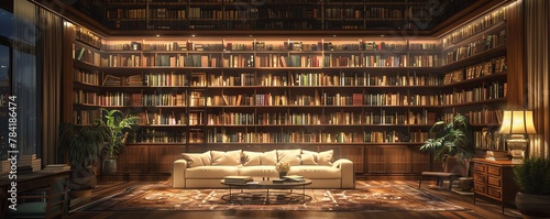 Home library with digital cataloging and ambient lighting control photo