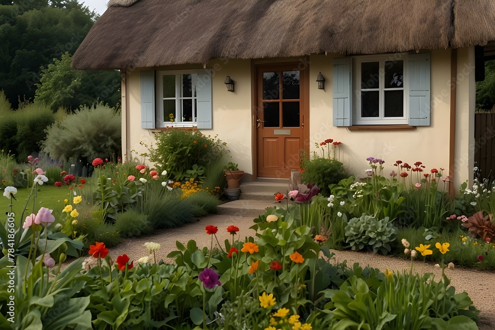 A charming cottage with a thatched roof and a vegetable garden out front. The windows are adorned with flower boxes and the sound of birds chirping fills the air.