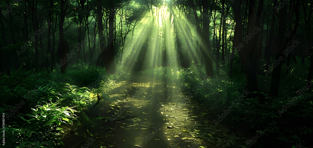 Fototapeta premium sun rays through the forest. Generative AI