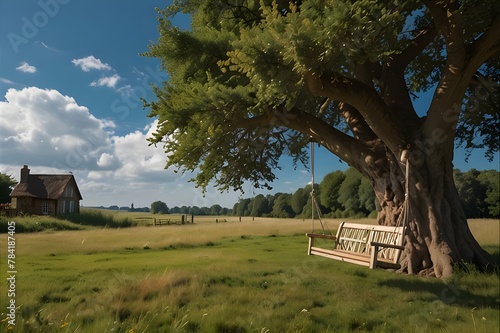 A quaint cottage on the edge of a meadow, with a swing hanging from a tree and a hammock strung between two others. The sky is a brilliant shade of blue and fluffy clouds float by.