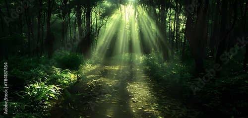 sun rays through the forest. Generative AI