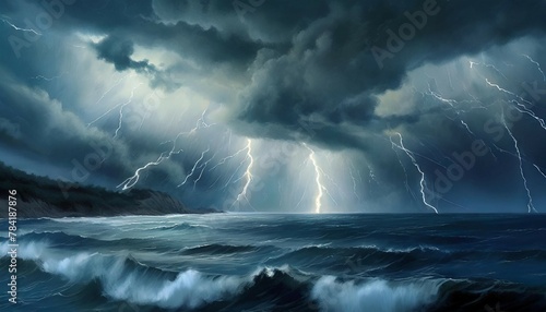 An ominous, dark cloud texture with flashes of lightning, evoking the tempestuous sea journeys across the Narrow Sea and the foreboding dark atmosphere