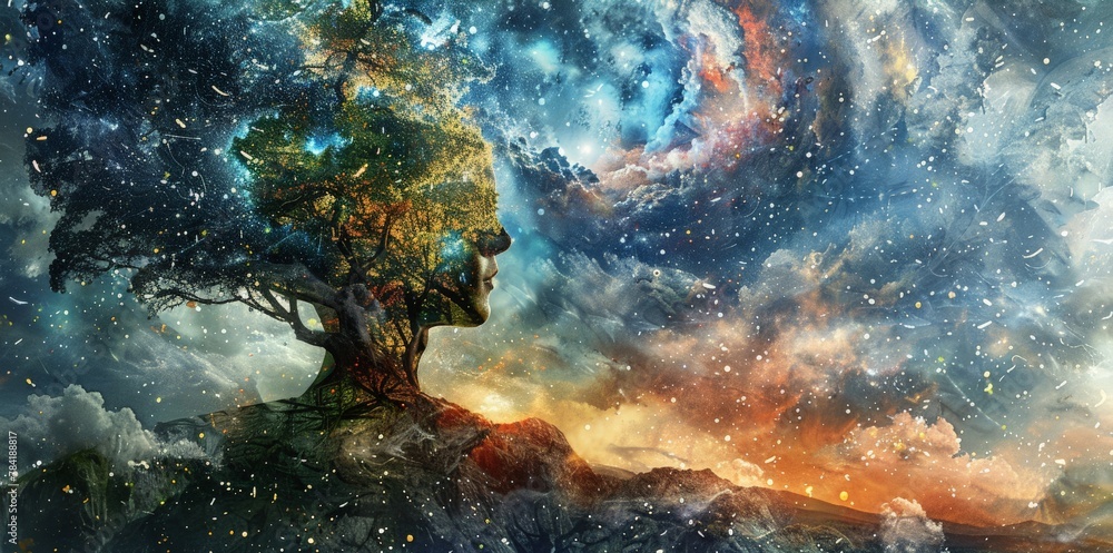 Obraz premium Artistic representation of mental wellness with abstract mind and nature integration