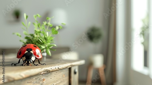 white wall living room with red ladybug adorned with delicate black spots leisurely crawling on a lush wooden sideboard, macro photography