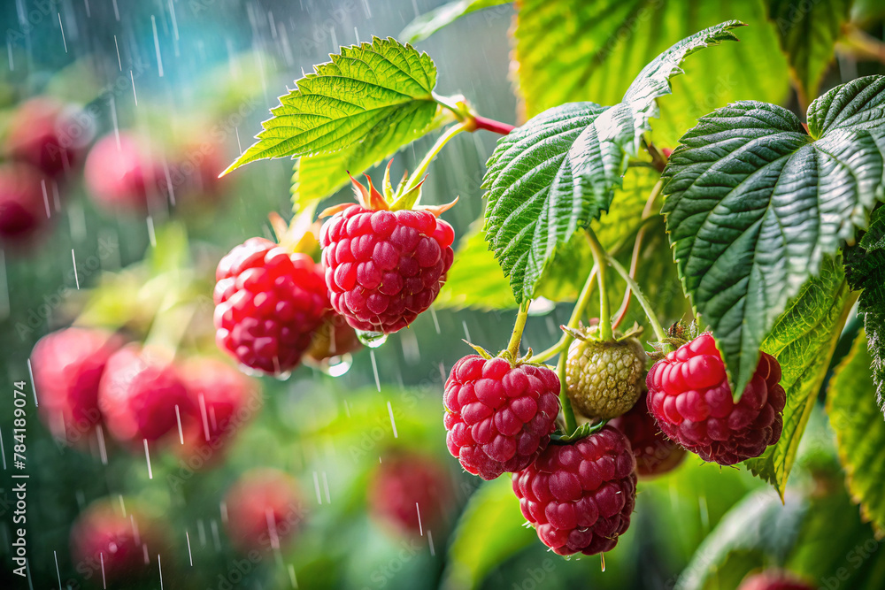 Close-up photo of raspberries in the rain Close-up photo of raspberries in the rain