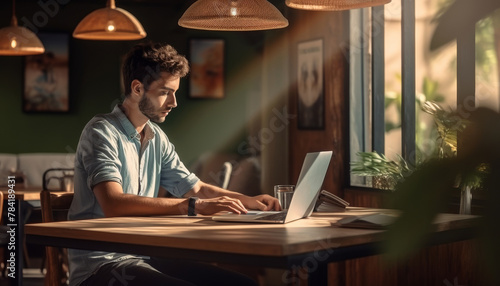 Young man working remotely on laptop in café with big windows at table. Boy freelancer or student typing on the computer in coffee shop or hotel. Remote work.