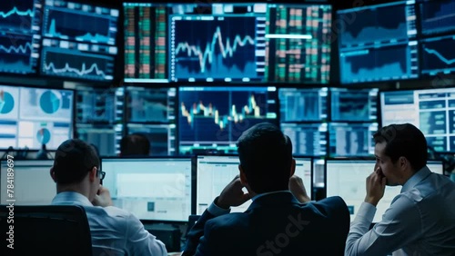In a stock exchange trading room lined with multiple computer monitors, men in suits focus intently on their work.  photo