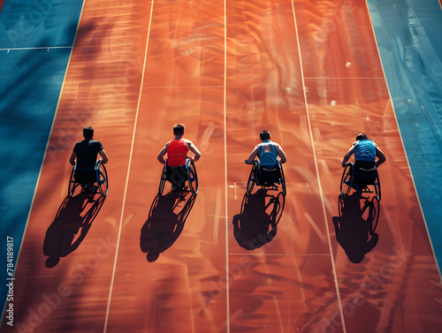 Men wheelchair racer on track stadium competition disabled. Competitions of the disabled at the stadium