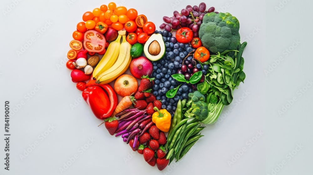 Colorful depiction of various healthy foods forming a heart shape