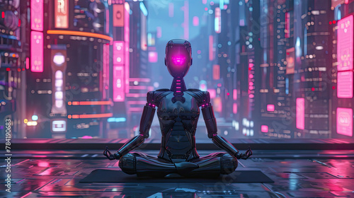 In the big city futuristic lifestyle merges with yoga training delivery robots navigate neon lights shaping tomorrow © Sattawat