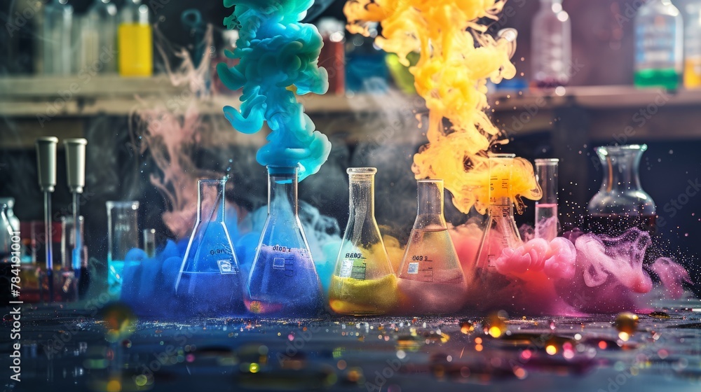 Creative depiction of a science lab experiment with colorful chemical reactions Creative depiction of a science lab experiment with colorful chemical reactions