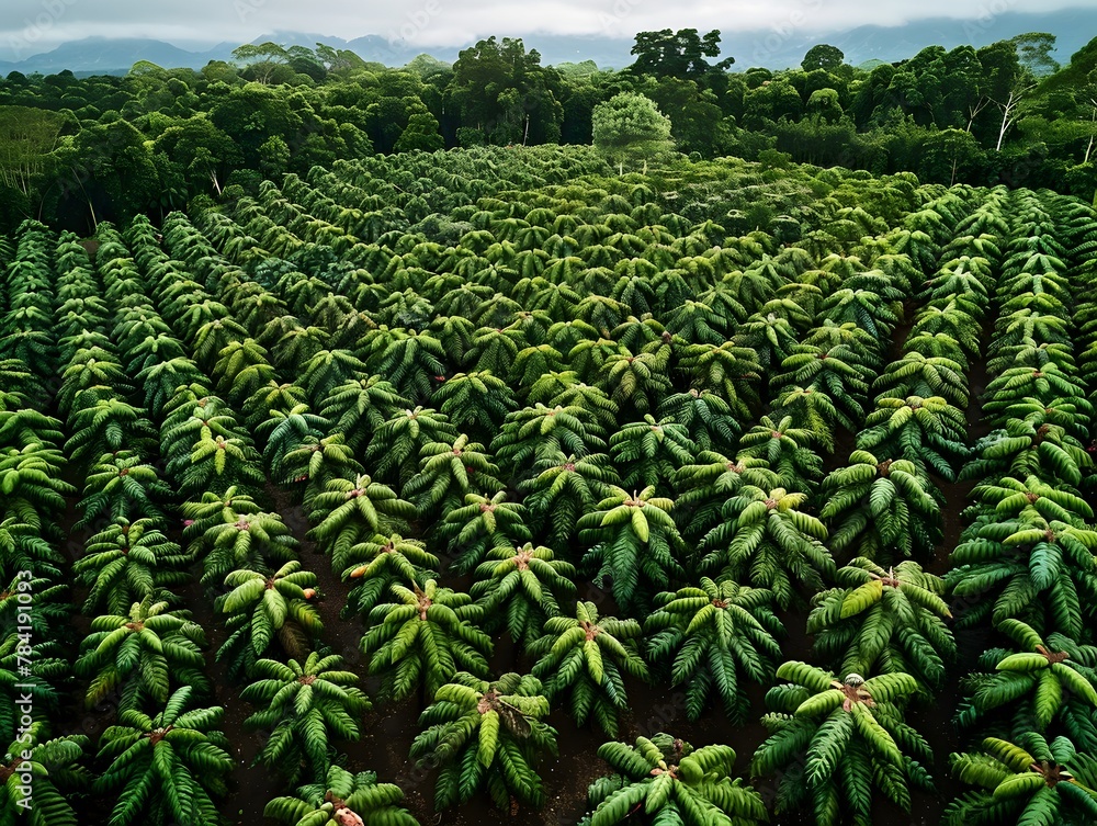 Aerial View of Sprawling Cocoa Plantation with Lush Foliage and Vibrant Ripe Pods Across Expansive Farmland Aerial View of Sprawling Cocoa Plantation with Lush Foliage and Vibrant Ripe Pods Across Expansive Farmland