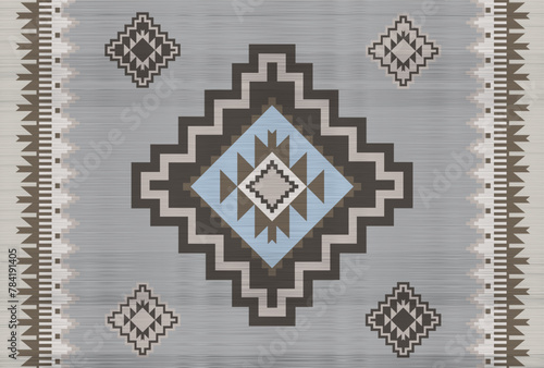 Big aztec pattern on grey background.Beige zigzag border pattern.Navajo pattern.Geometric shape.DIgital design.Ethnic.Illustration.Square.Modern.Design for rug.Blanket.Carpet.Printing.Tablecloth.Knit