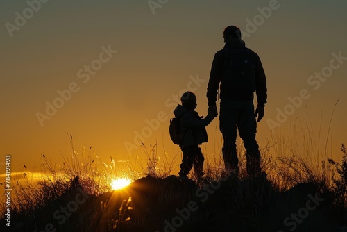 A parent and child are captured in silhouette, walking hand in hand in a serene, sunlit field at dawn, a symbol of guidance and togetherness.