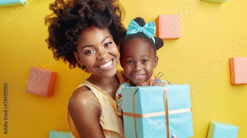 Beautiful pleased african american woman holding gift box and embracing daughter with happy mothers day