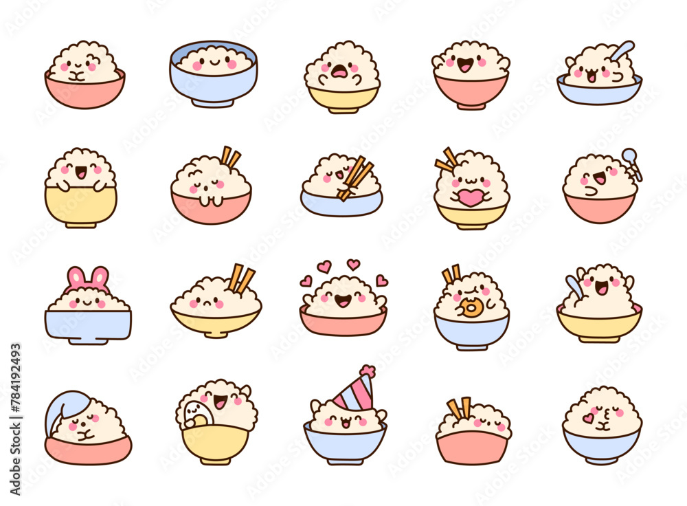 Cute kawaii rice bowl with funny face. Chinese food cartoon character. Hand drawn style. Vector drawing. Collection of design elements. Cute kawaii rice bowl with funny face. Chinese food cartoon character. Hand drawn style. Vector drawing. Collection of design elements.