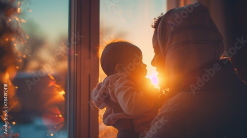 Baby's First Sunrise: A parent holding a baby up to the window to see the sunrise for the first time. (Love, New Life, Baby) --ar 16:9 Job ID: ada6950d-0477-4596-8f64-a5e585d024bf