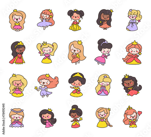 Cute baby princess with beautiful dresses. Hand drawn style. Vector drawing. Collection of design elements.