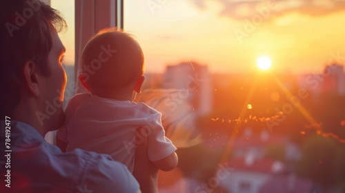 Baby's First Sunrise: A parent holding a baby up to the window to see the sunrise for the first time. (Love, New Life, Baby) --ar 16:9 Job ID: ada6950d-0477-4596-8f64-a5e585d024bf