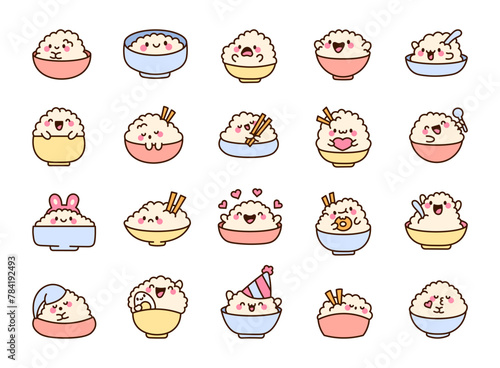 Cute kawaii rice bowl with funny face. Chinese food cartoon character. Hand drawn style. Vector drawing. Collection of design elements.