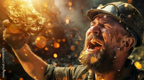 A gold miner holding up a gold nugget with a triumphant expression, celebrating a successful find driven by higher prices. 