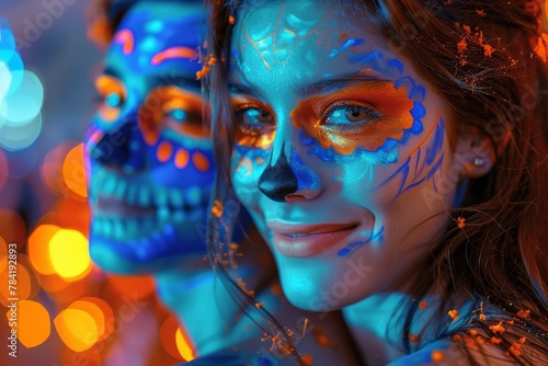 Day of the Dead parade with participants wearing sugar skull makeup 