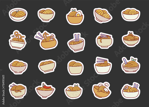 Noodles bowl and chopsticks. Sticker Bookmark. Ramen food. Hand drawn style. Vector drawing. Collection of design elements.