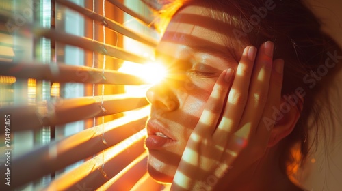 A person rubs their eyes, just waking up, with sunlight filtering through blinds in the background. photo