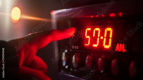 A hand reaching out to press the snooze button on a digital alarm clock with glaring red digits reading 