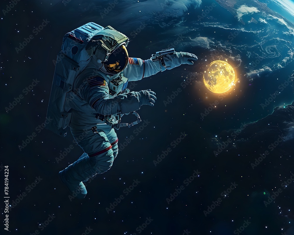 Intrepid Astronaut Reaching for Ethereal Lunar Glow against Cosmic Backdrop Intrepid Astronaut Reaching for Ethereal Lunar Glow against Cosmic Backdrop