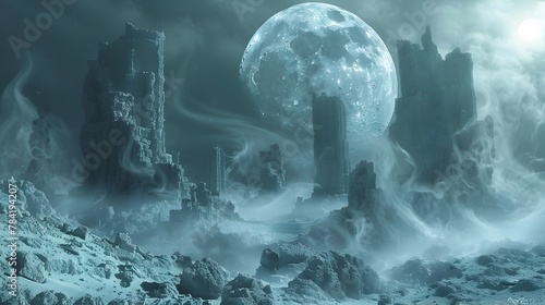 Dreamlike Lunar Landscape with Ancient Ruins Shrouded in Mist and Ethereal Atmosphere