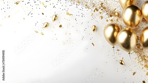 Gold fireworks abstract background, with shiny falling confetti and balloon on a white background. Party and celebration space for copy on the left. For Festivals, holidays, Design, Background, Cover,