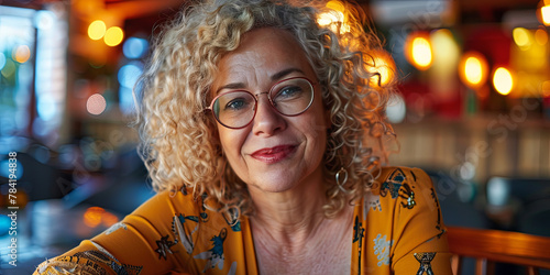portrait of a beautiful senior woman with curly blonde hair and glasses smiling, generative AI © VALUEINVESTOR