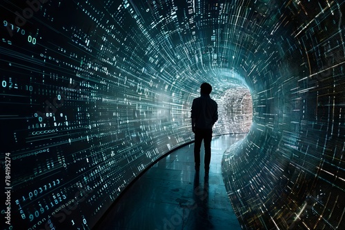 A man stands in a tunnel of numbers and symbols
