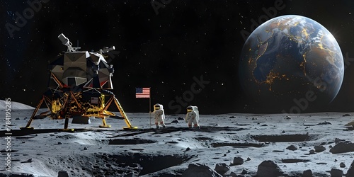 Astronauts Plant Flag on Lunar Surface,Earth Rises in Distant Horizon,Symbolizing Humanity's and Scientific Achievements