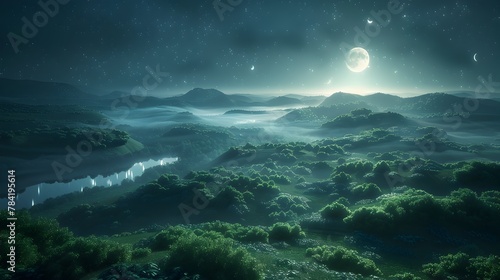 Ethereal Moonlit Landscape Bathed in Soft,Otherworldly Light with Lush Glowing Vegetation and Shimmering Waters