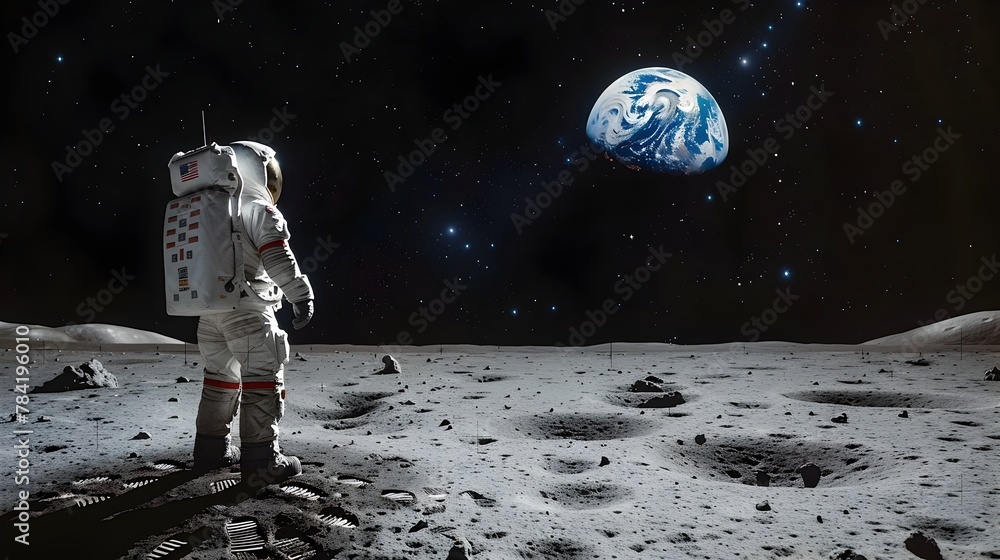 Solitary Astronaut Gazing at Earth from the Lunar Surface,Exploring the Vastness of Space
